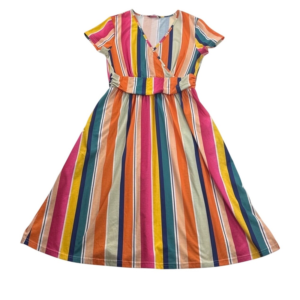OUGES Striped Wrap Dress Womens Medium Multicolor Excellent Pockets V-Neck - Picture 4 of 10